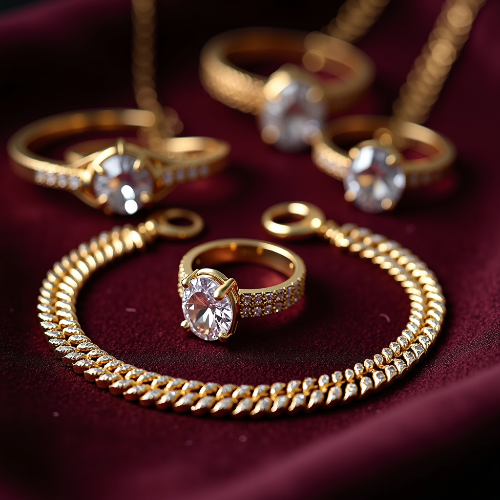 Collezione esclusiva di gioielli italiani artigianali Jewellia con collane, anelli e bracciali in oro e pietre preziose su sfondo di velluto di lusso con illuminazione professionale da studio