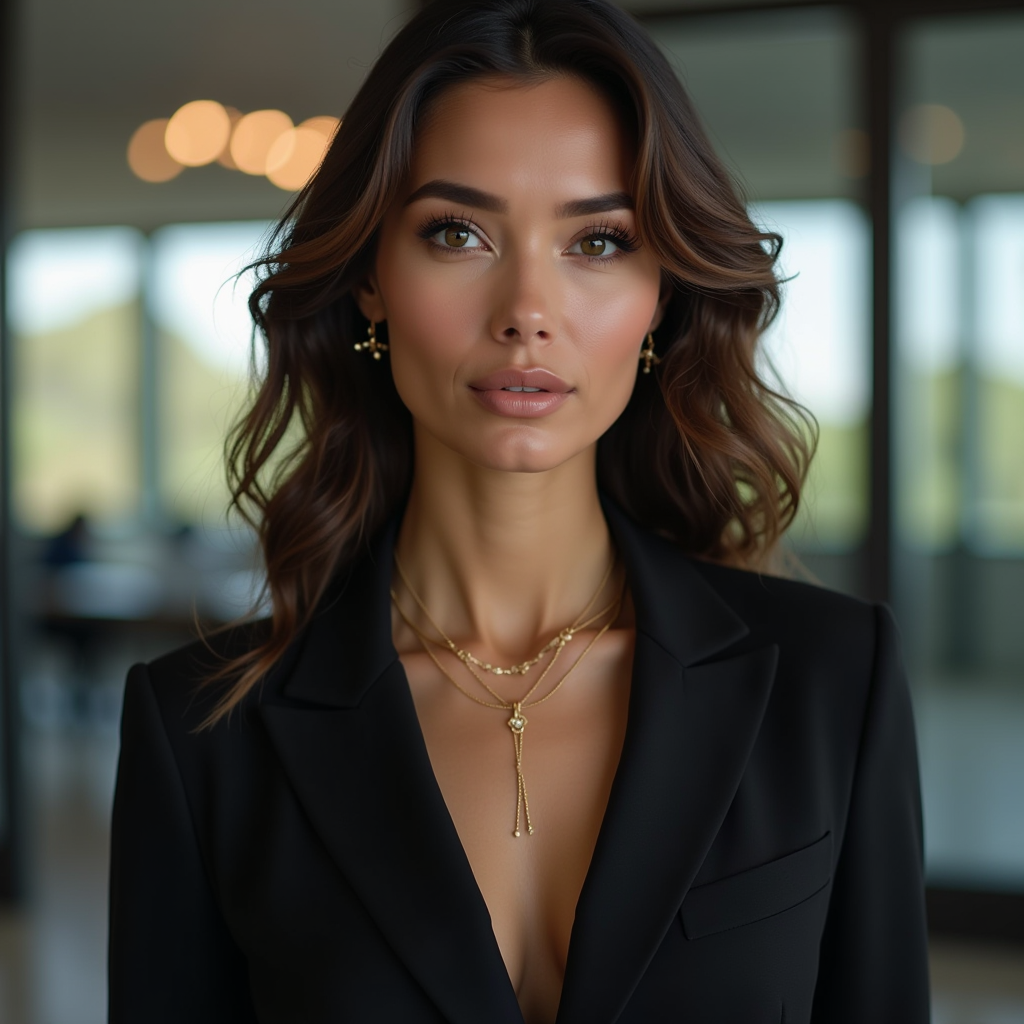 Elegant professional woman wearing a delicate gold necklace with a blazer in a modern office setting, showcasing sophisticated jewelry styling for business attire