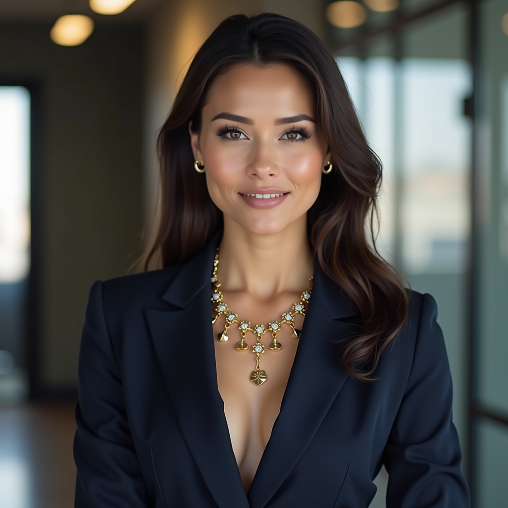 Professional woman wearing elegant gold necklace with navy blazer in modern office setting