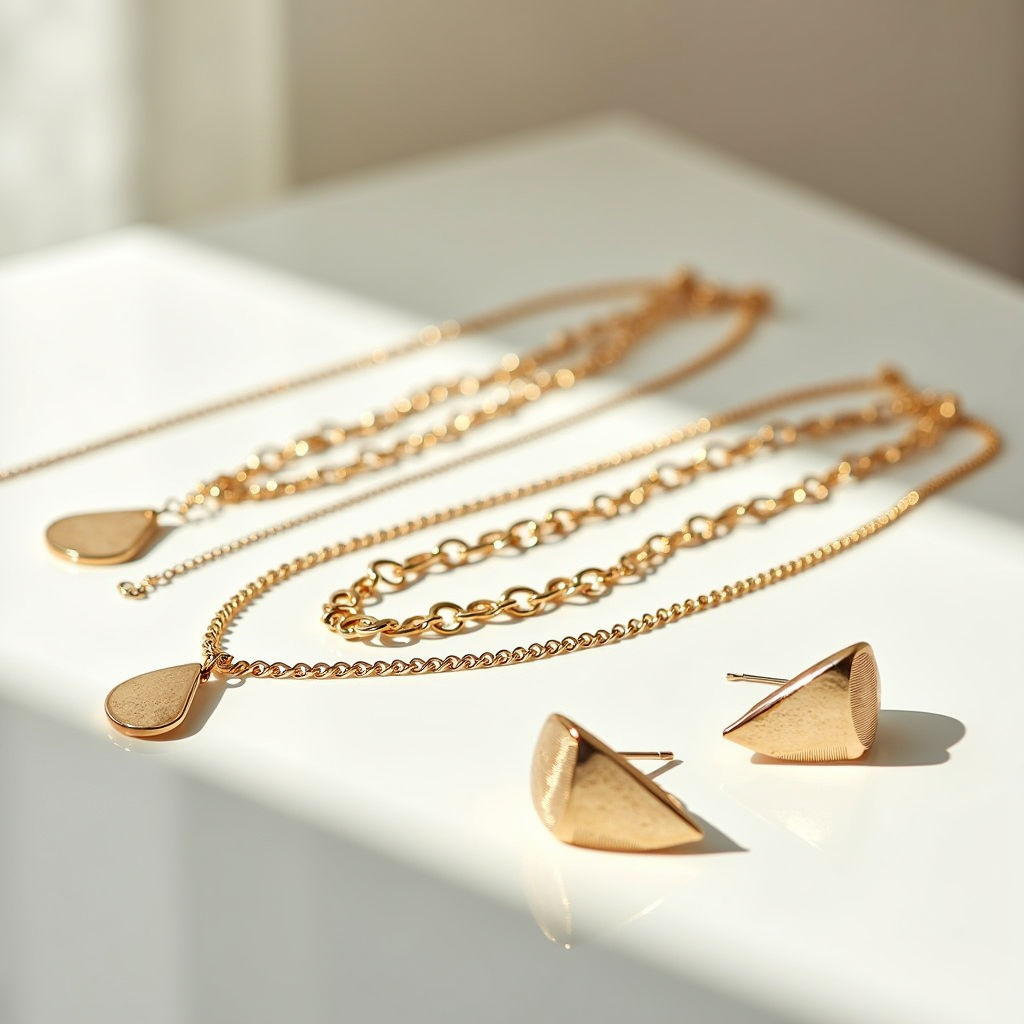 Collezione di gioielli italiani eleganti esposti su una superficie bianca lucida con illuminazione naturale morbida, con catene d'oro stratificate, orecchini geometrici e materiali sostenibili, stile fotografia di moda di lusso