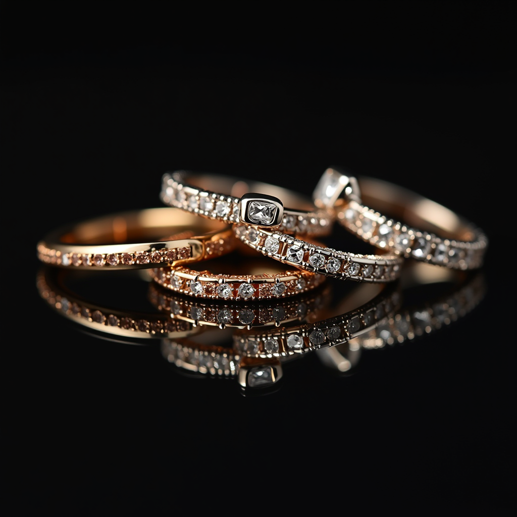 Elegante composizione di gioielli in oro, argento e oro rosa disposti armoniosamente su una superficie riflettente nera, con illuminazione professionale che evidenzia le diverse tonalità metalliche e la loro complementarità