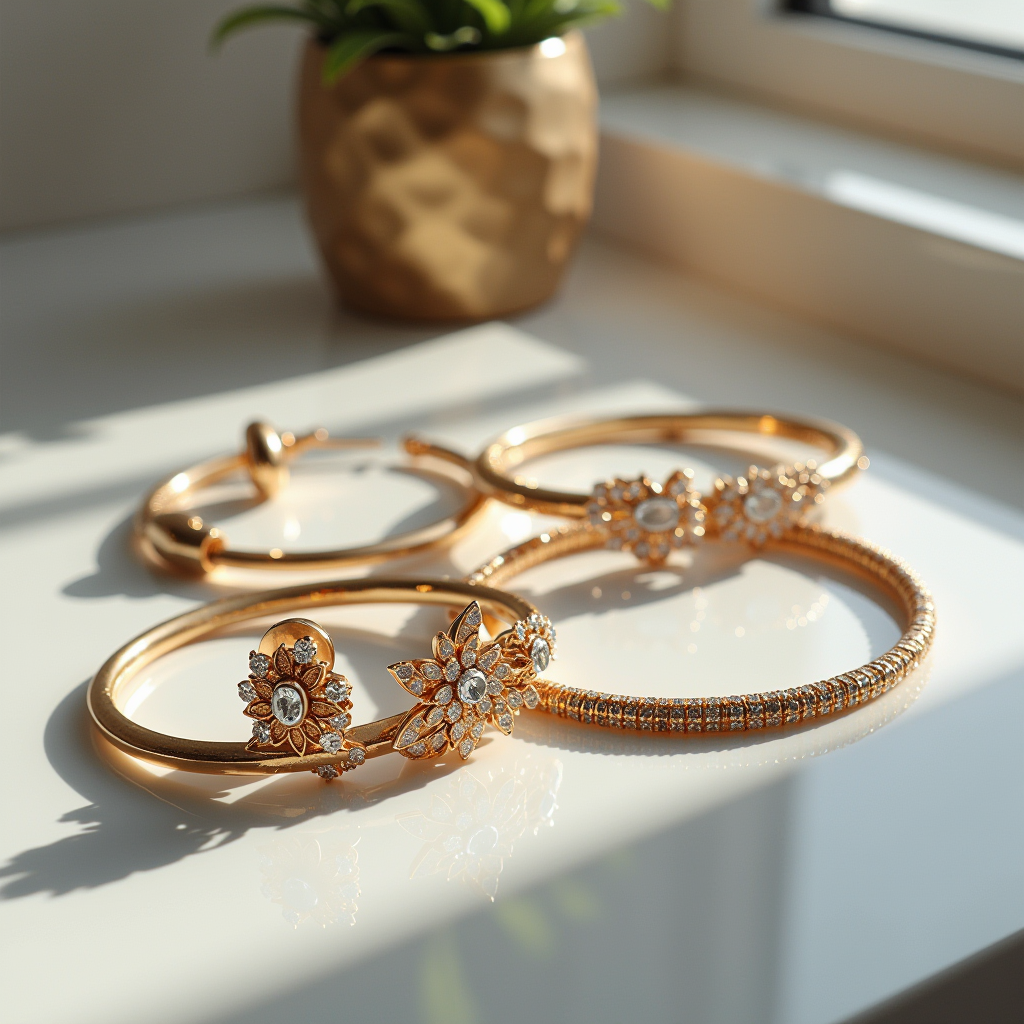 Collezione di gioielli versatili che mostrano la transizione dall'ufficio alla sera, con orecchini convertibili, bracciali eleganti e collane adattabili su una superficie riflettente moderna con illuminazione soffusa