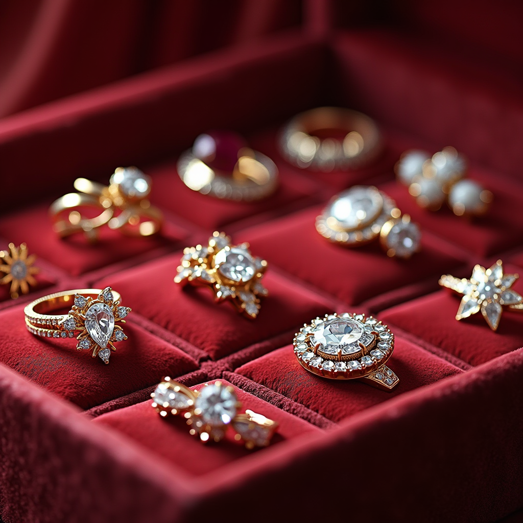 Collezione di gioielli eleganti esposti su superficie di velluto lussuoso con illuminazione soffusa che evidenzia diamanti, oro e pietre preziose in scomparti organizzati