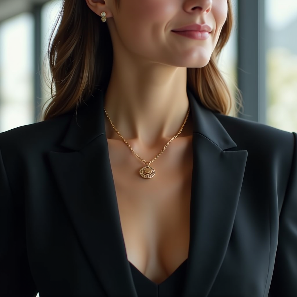 Elegant professional woman wearing a delicate gold necklace with a blazer in a modern office setting, showcasing proper necklace length and styling for business attire