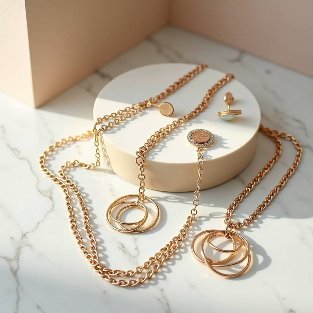 Collection of contemporary Italian jewelry designs featuring layered gold chains, geometric earrings, and sustainable materials displayed on elegant marble surface with soft lighting