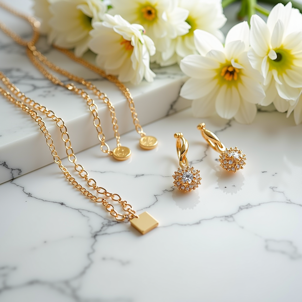 Collection of modern Italian jewelry pieces including layered gold chains, geometric earrings, and sustainable materials displayed on elegant marble surface with spring flowers