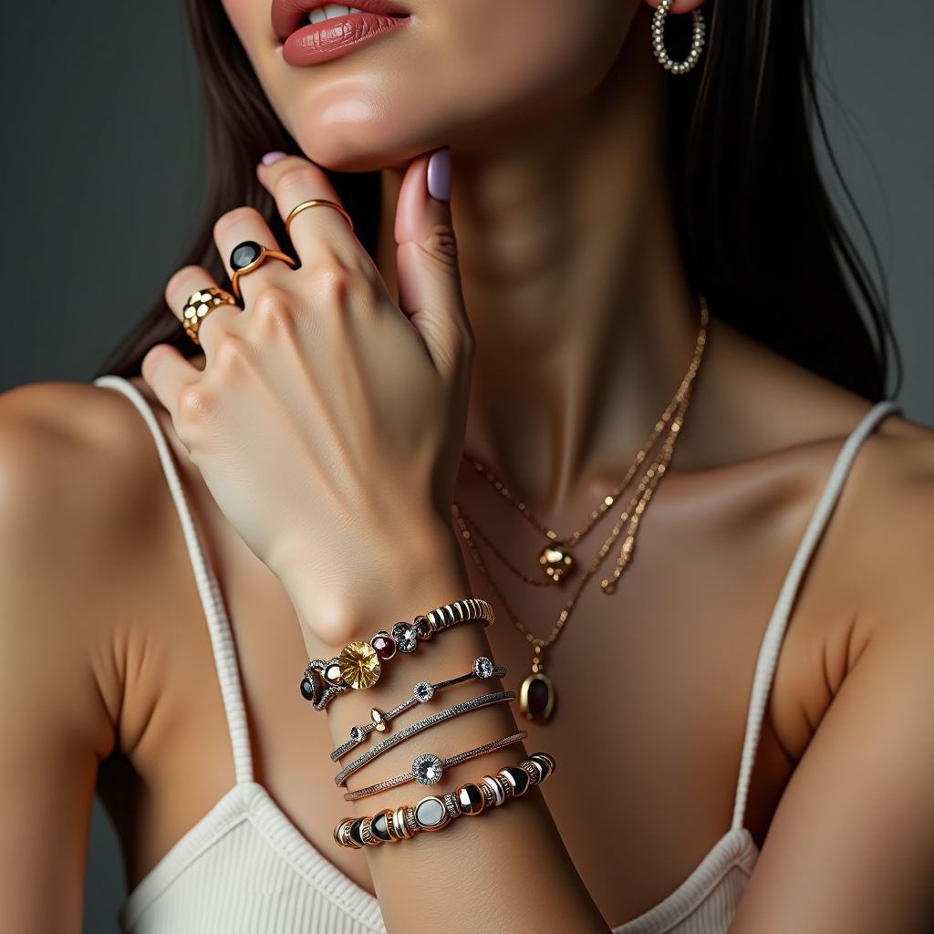 Stylish arrangement of mixed metal jewelry pieces including gold, silver, and rose gold bracelets, rings, and necklaces artfully combined on a professional woman's wrist and neck