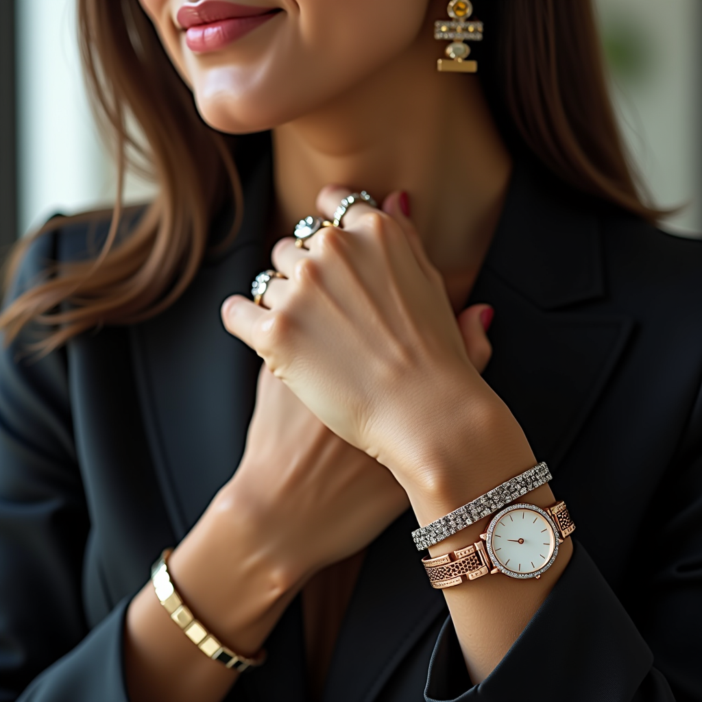 Sophisticated arrangement of mixed metal jewelry featuring gold, silver, and rose gold pieces harmoniously combined on a professional woman's wrist and neck in office environment