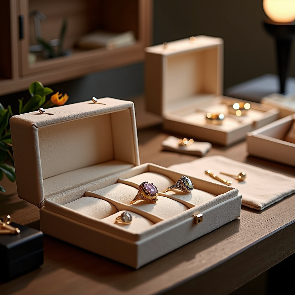 Luxury jewelry care setup showing proper storage in velvet-lined boxes, cleaning tools, soft cloths, and quality jewelry pieces being maintained with professional care techniques